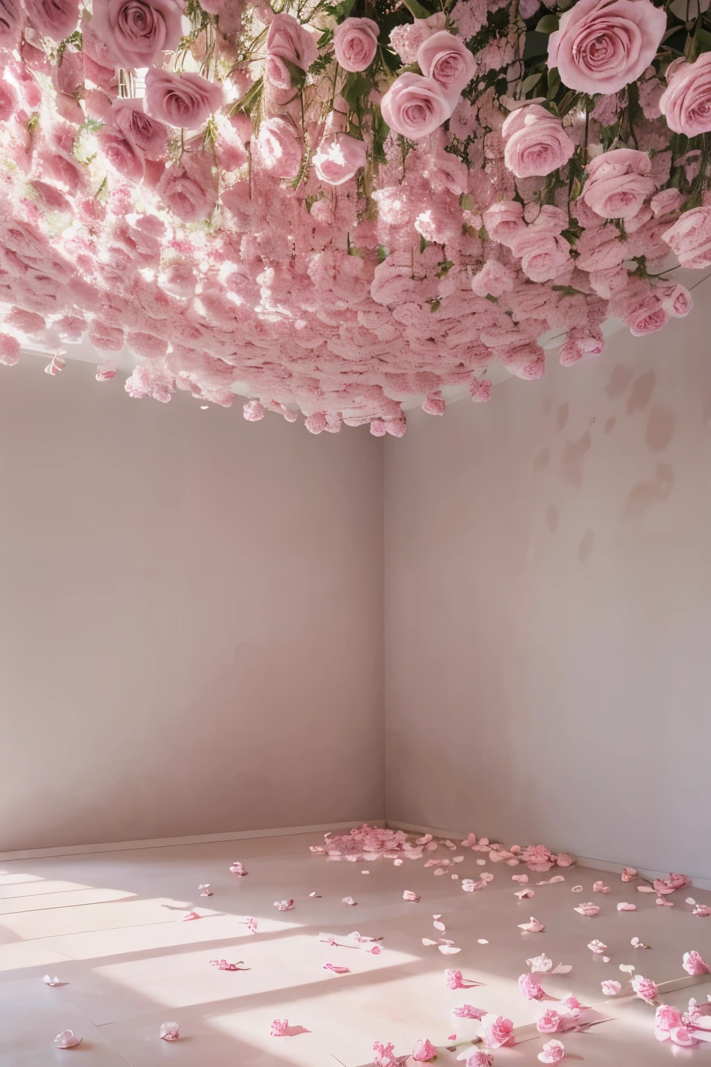 pink whispers of a sparkling tale of fresh soft renewal filled with pink roses caressed by ambient soft sunlight the floor is pink reflective marble