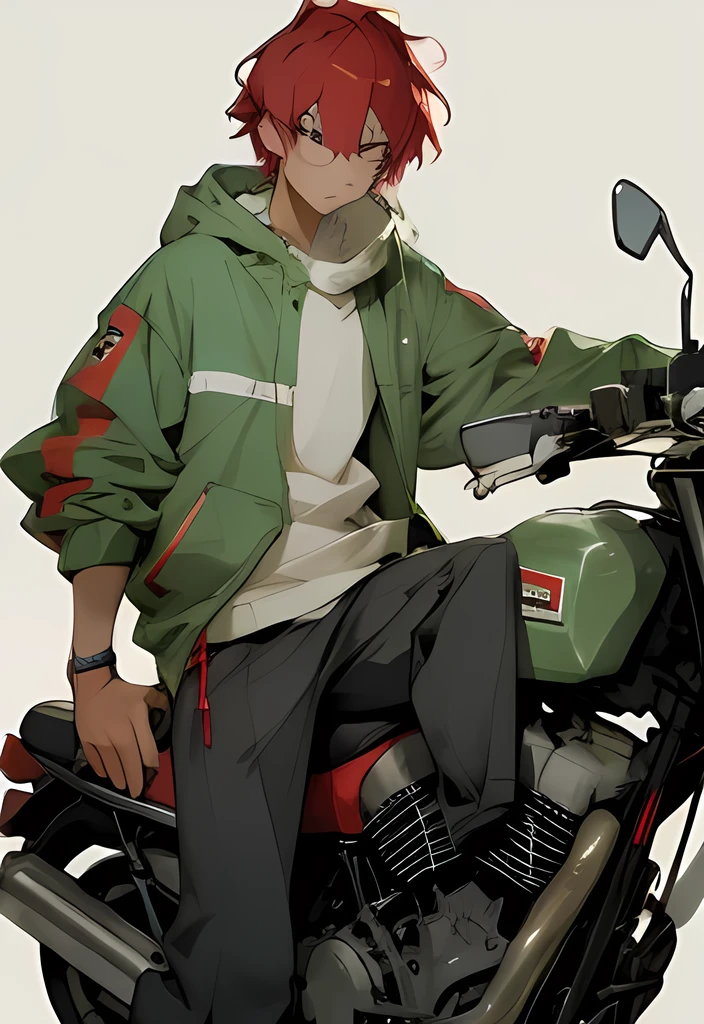 ((masterpiece)), (best quality), (absurdres), (photorealistic:1.4), 1girl, handsome girl,((flat body)) auburn red hair, , hoodie with motor sports jacket , (tanned skin, tanned male skin), bangs, green eyes, , very short messy boy cut hair, smile, grin, :D, longer face, shirt with hoodie on top, back pants, bike