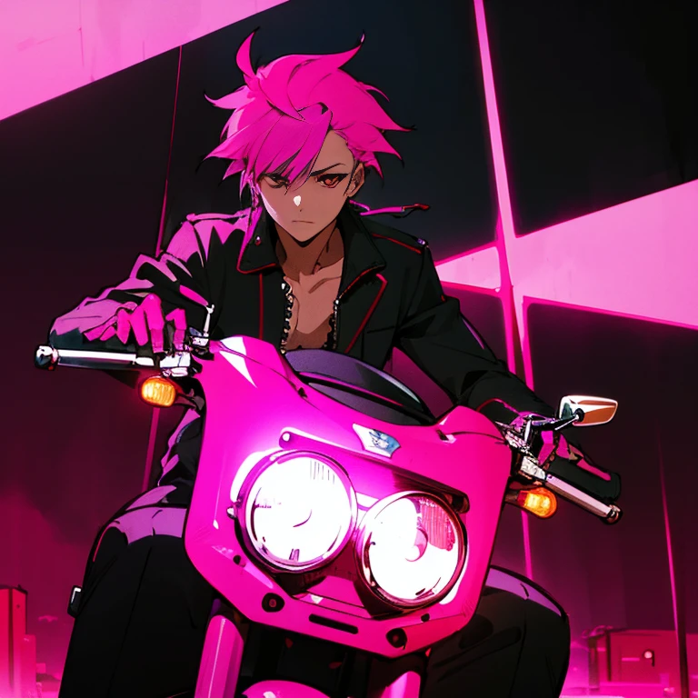 (highest quality), (masterpiece), (Super detailed), (Shortcuts), (Two-block hair), (Bright pink hair), (Red eyes), (Cool pose), (Black suit), (neon), (Modern city), (neonデイライト), (Cinematic), (stylish), (High resolution), (Soft Town), (Nightcore), (a handsome guy), (PSYCHO-PASS anime style), (Low - Angle), (Get behind the wheel and ride a Harley Davidson),