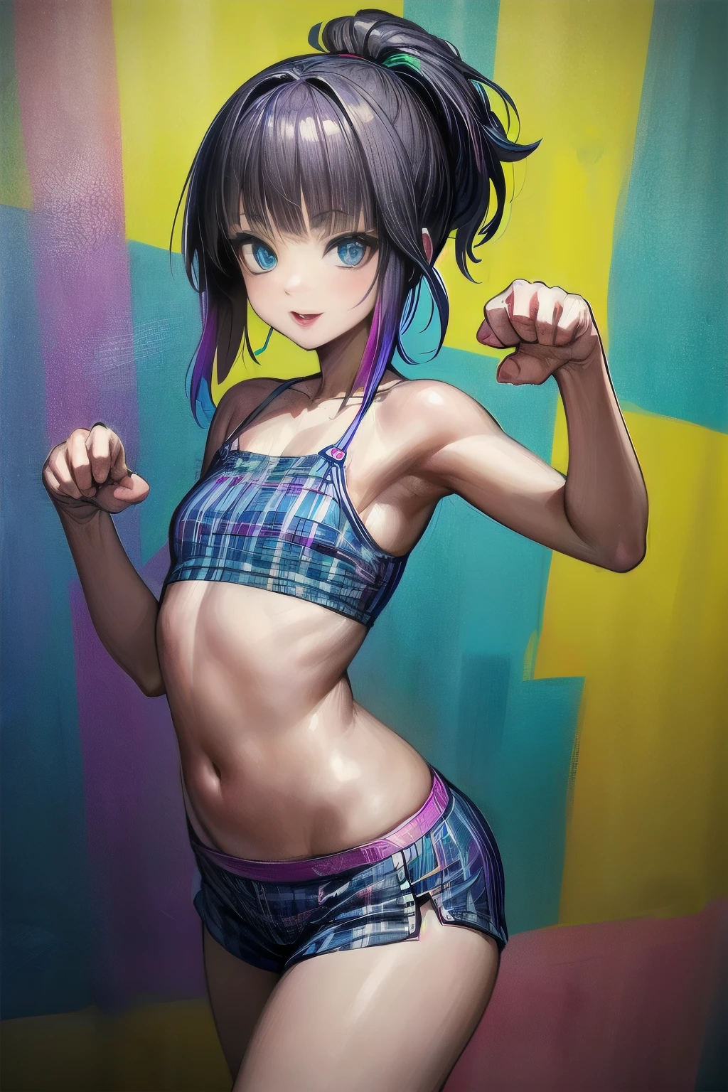 ((Masterpiece)), ((best quality)), (Anime:1.4), (super detail:1.2), (High Definition:1.3), (Professional Photography:1.3), (wide shot), (sharp focus), (perfect light), ((12 years old)), cute young Girl, (cute tanktop), bare arms, boxer shorts, unruly hair, (loose blunt bangs), pale rainbow-colored hair, ((high ponytail)), big eyes, (long eyelashes), colorful eyes, (cute smile), open mouth, ((glossy lips)), Healthy stomach, (Healthy slim body), joy, cute, (paw pose), (colorful:1.3), cute makeup, ((against the rainbow-colored graffiti wall)), (rainbow colored:1.5),