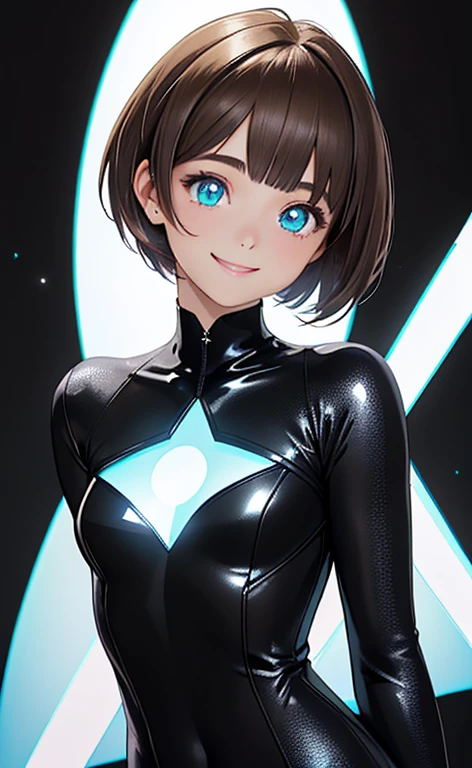 (Photorealistic:1.4)、(,20-year-old:1.5),(masterpiece、Blue lens flare:1.5、spot light:1.2、Exquisite beautiful eye:1.5,portlate),(kind eyes、tareme:1.9),(Black light:1.5)、Cute Face、 3D Face、(light brown hair:1.5)、(pixie cut:1.5),(sidelock :1.5),(blunt bangs:1.3),(1 woman)、(aqua eyes:1.2)、(upper body:1.5)、(Open mouth happy smile:1.5)、(crossed arms),(head tilt) ,(Cute face:1.2),(flat chest),(),kind face,(white Bodysuit with open chest1.5),(black background:1.5)、()、()、 Neat and clean、Adorable、Demure,Slim Body(),Shiny Hair、()、Nijisketch,Manga,blacklight