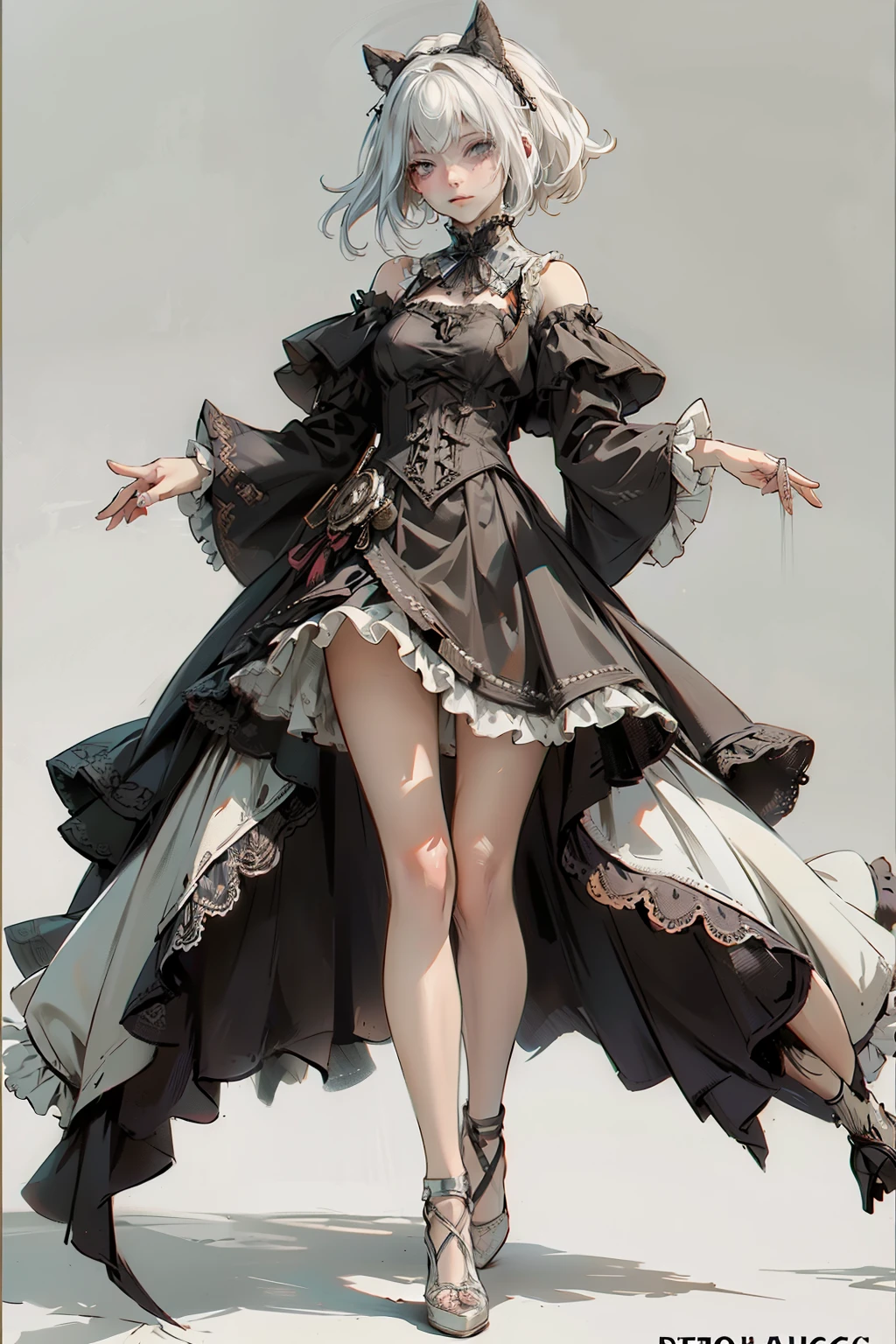 ((best quality)), ((masterpiece)), (detailed), blank white background, plain background, white background, Bloodborne inspired,  occult aesthetic, occult, detailed and intricate steampunk and detailed gothic, NSFW, Very dramatic and cinematic lighting, cosmic horror, grim-dark, side-lighting, perfect face, NSFW, Fluttering lace flared long knee length dress with frilly petticoats, knee length dress, pleated petticoats, lolita dress, petticoats gothic lolita, side-lighting, gothic lolita aesthetic, beautiful small breasts, small breasts, full body, whole body, body, plain background, white background, blank background, no background, white background NSFW, full body, whole body, head-to-toe