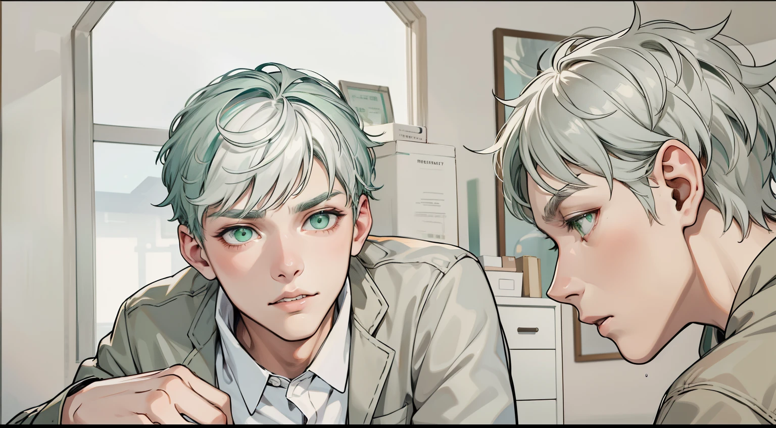 He is looking at his friend sadly with concern, he speaks to him with sadness, green eyes, white hair, 17 years old.