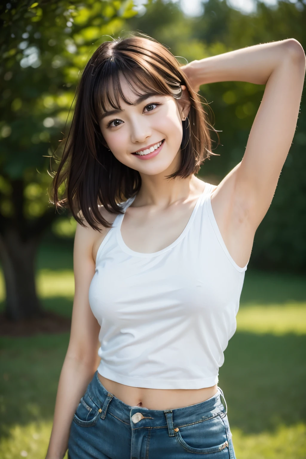 The beauty of 8K raw photos:2.0, short hair,, great face and dark eyes, stare at the camera, A smile full of joy:1.6, show teeth, Raise your hands to show your armpits, dynamic pose, （pink tank top、denim shorts:1.2)、 realistic:1.9, Very detailed CG synthesis 8k wallpaper, very detailed, High resolution RAW color photos, shot from below, cowboy shot, professional photos, Taken on the lawn, girl sexy portrait