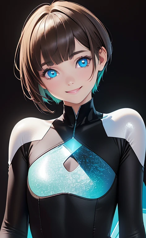 (Photorealistic:1.4)、(,20-year-old:1.5),(masterpiece、Blue lens flare:1.5、spot light:1.2、Exquisite beautiful eye:1.5,portlate),(kind eyes、tareme:1.9),(Black light:1.5)、Cute Face、 3D Face、(light brown hair:1.5)、(pixie cut:1.5),(sidelock :1.5),(blunt bangs:1.3),(1 woman)、(aqua eyes:1.2)、(upper body:1.5)、(Cute smile:1.5)、(head tilt) ,(Cute face:1.2),(flat chest),(),kind face,(white Bodysuit with (star shape cut out1.5)),(black background:1.5)、()、()、 Neat and clean、Adorable、Demure,Slim Body(),Shiny Hair、()、Nijisketch,Manga,blacklight