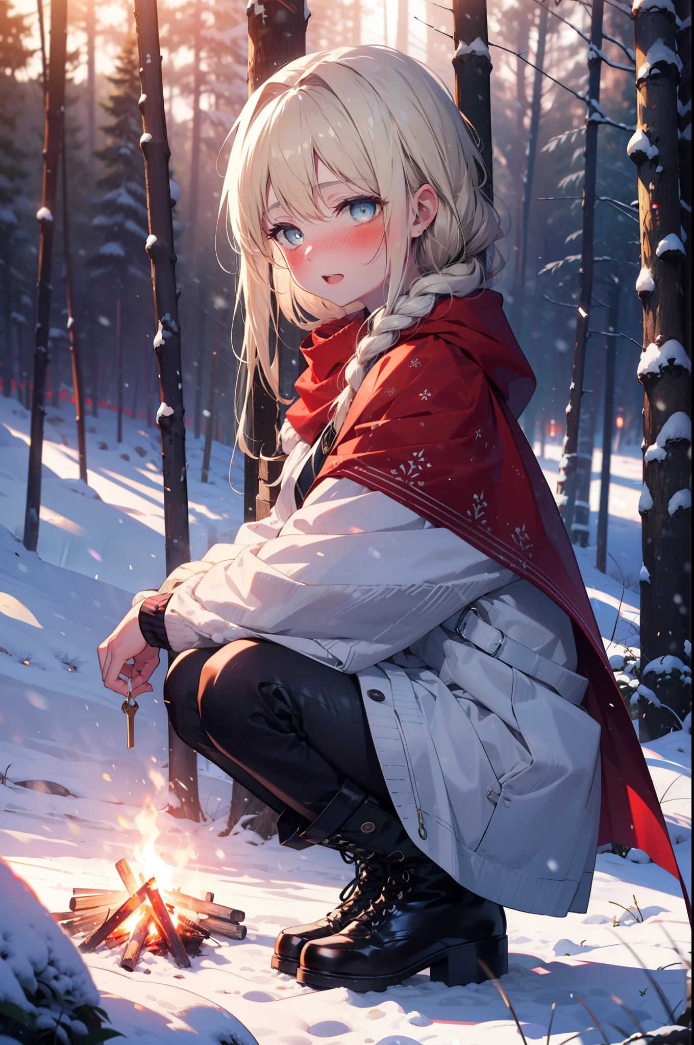 Arisburg, Alice Zuberg, bangs, blue eyes, blonde, Hair between the eyes, Very long hair, hair band, white hair band,smile,blush,White Breath,
Open your mouth,snow,A bonfire on the ground, Outdoor, boots, snowing, From the side, wood, suitcase, Cape, Blurred, forest, White handbag, nature, Squat, Mouth closed,Cape, winter, Written boundary depth, Black shoes, red Cape break looking at viewer, Upper Body, whole body, break Outdoor, forest, nature, break (masterpiece:1.2), highest quality, High resolution, unity 8k wallpaper, (shape:0.8), (Beautiful and beautiful eyes:1.6), Highly detailed face, Perfect lighting, Highly detailed CG, (Perfect hands, Perfect Anatomy),