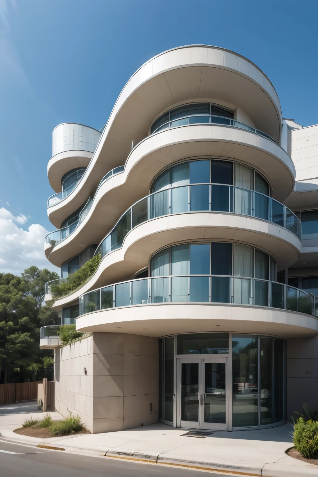architectural perspective of a two-story building, organic structural form containing a sharp curve in the part running along the left side