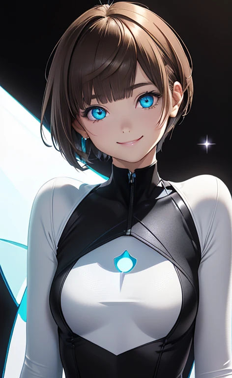 (Photorealistic:1.4)、(,20-year-old:1.5),(masterpiece、Blue lens flare:1.5、spot light:1.2、Exquisite beautiful eye:1.5,portlate),(kind eyes、tareme:1.9),(Black light:1.5)、Cute Face、 3D Face、(light brown hair:1.5)、(pixie cut:1.5),(sidelock :1.5),(blunt bangs:1.3),(1 woman)、(aqua eyes:1.2)、(upper body:1.5)、(Cute smile:1.5)、(head tilt) ,(Cute face:1.2),(flat chest),(),kind face,(white Bodysuit with (star shape cut out1.5)),(black background:1.5)、()、()、 Neat and clean、Adorable、Demure,Slim Body(),Shiny Hair、()、Nijisketch,Manga,blacklight