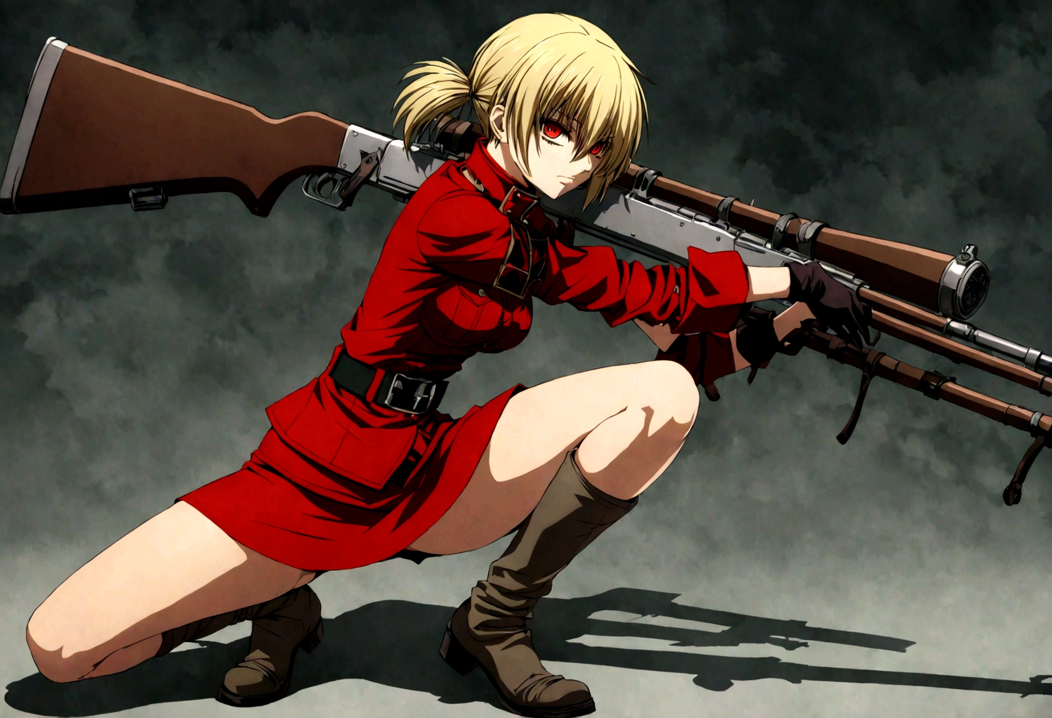 (masterpiece, top quality, best quality, official art, beautiful and aesthetic:1.2), (1girl), extreme detailed,(Victoria Seras, blond short hair, short back twintails, red eyes, Hellsing anime, Vampire, Hellsing uniform, military uniform, skirt, wide Rolled up sleeves, Chevron, black belt),colorful,highest detailed,((full body)), crouching, weapon pose, have big rifle