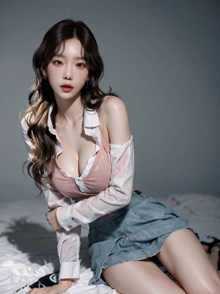 absurdres, RAW photo, extremely delicate and beautiful, masterpiece, Best Quality, ultra high resolution, 32k, hyperrealistic, ultra-detailed, perfect anatomy, perfect figure, Perfect skin, super Detailed skin, muted coral blush, Closed mouth, 20 years old, very Slim body, narrow waist, very small head, very small face, delicate facial features, tearful mole, earring, thin legs, bare legs, (((very huge round breasts))), short medium hair, braid hair, ((wavy hair)), wet clothes, hoodie, skirt, ((collared dress shirt)),