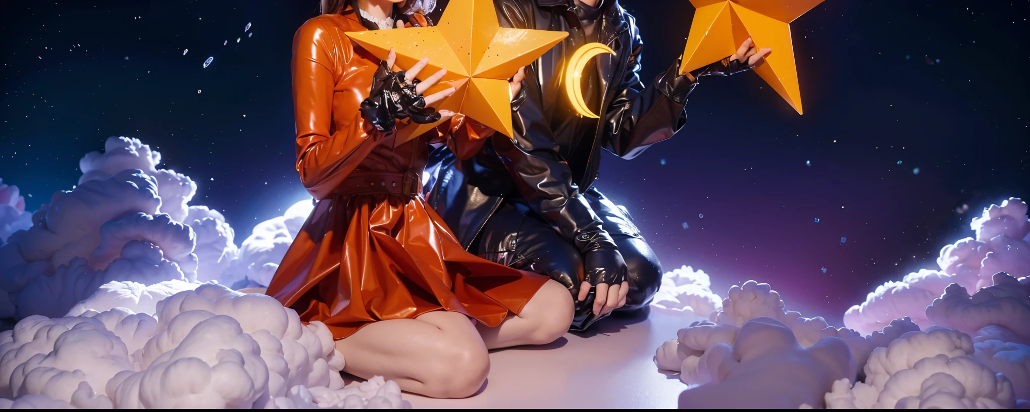 A 3D, glossy scene featuring two characters in vibrant costumes, one in a shiny purple latex outfit with cat ears and the other in an orange latex outfit with dog ears. Both are holding large, shiny, plastic stars in their hands. The characters are sitting on clouds in the night sky, surrounded by stars. The lighting is realistic, with a non-contrasting, soft glow that enhances the glossy and reflective surfaces of the latex outfits and plastic stars, creating a magical and dreamy atmosphere. cartoon key frame rendering, cute 3D rendering,,Create ultra sharp цветной рендеринг zbrush. perfect cgi, cgi art created only with gradients, smooth silhouette, Create ultra sharp skin, high intensity refraction, (plastic material), most beautiful vfx, blue background, plastic refractions, glossy texture, smooth 3d model, multiple light sources, rim light, sharp post effects render, (glossy plastic texture with multiple big light probe refractions), perfect cgi, cgi art created only with gradients, smooth silhouette, high intensity refraction, (plastic material), most beautiful vfx, blue background