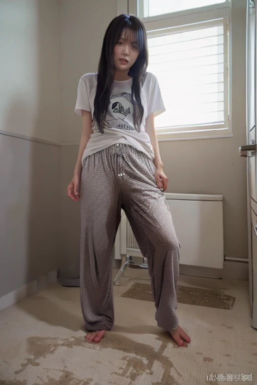 Japanese Girl thin body wearing a white short-sleeved t-shirt sees the ghost and pees her gray pajama pants until his pants are wet pants in fright.