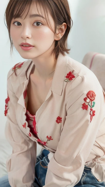 (masterpiece:1.3), (8k, Photorealistic, RAW Photos, Best image quality: 1.4), Japanese, (1 girl), Beautiful Face, (A vivid face), (short hair:1.3), Beautiful Hairstyles, Realistic eyes, Beautiful Eyes, (Realistic Skin), Beautiful Skin, charm, 超A high resolution, Surreal, High detail, Golden Ratio, Detail Makeup,Seeing the viewer,Big Breasts、Sexy blouse、Business Pants、office、Trim pubic hair、((whole body))、(Looking this way、Turning his body towards me、front、forward leaning posture、munechira:1.3)、(The bra is slightly visible、Brasilia:1.3)、(White shirtを着ている、Round neck shirt、A shirt with a slightly open chest、White shirt:1.4)、(Beige bra、Red floral embroidered bra)