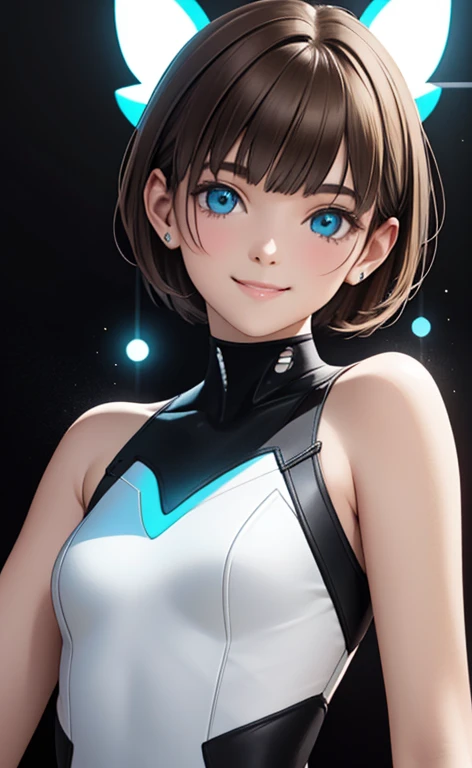 (Photorealistic:1.4)、(,20-year-old:1.5),(masterpiece、Blue lens flare:1.5、spot light:1.2、Exquisite beautiful eye:1.5,portlate),(kind eyes、tareme:1.9),(Black light:1.5)、Cute Face、 3D Face、(light brown hair:1.5)、(pixie cut:1.5),(sidelock :1.5),(blunt bangs:1.3),(1 woman)、(aqua eyes:1.2)、(upper body:1.5)、(Cute smile:1.5)、(head tilt) ,(Cute face:1.2),(flat chest),(),kind face,(white Bodysuit with (star shape cut out1.5)),(black background:1.5)、()、()、 Neat and clean、Adorable、Demure,Slim Body(),Shiny Hair、()、Nijisketch,Manga,blacklight