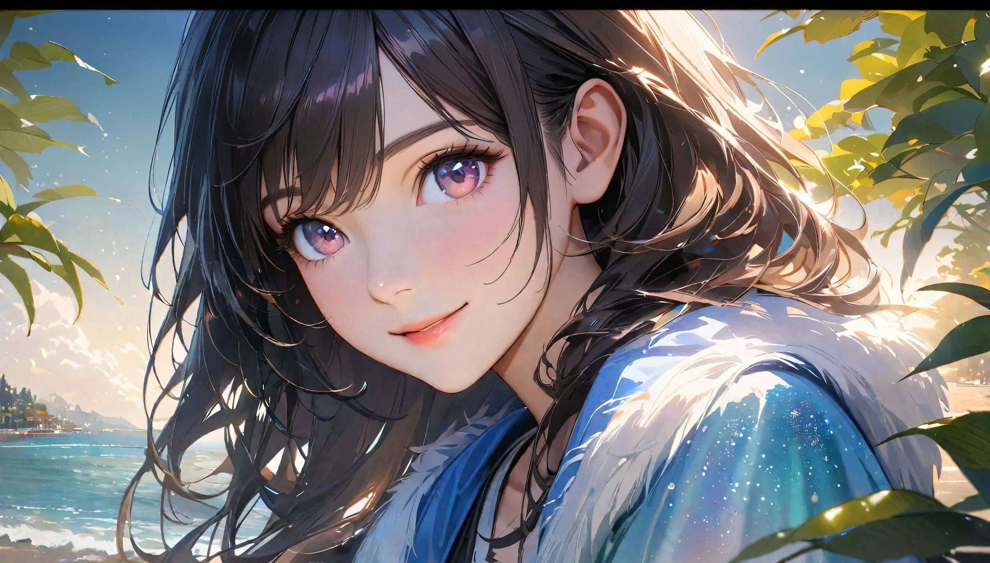 Sparkling waters and tranquil coastlines, Sunny sky with fluffy white clouds, Green trees along the coast々々々々, Pleasant sea breeze. shape,Young woman with dark hair, smile,Glitter effect,highest quality, 4K, 8k, High resolution, masterpiece:1.2, Very detailed, Realistic:1.37, High resolution, 超High resolution, Studio Lighting, Ultra-fine painting, Sharp focus, Physically Based Rendering, Very detailedな説明, Professional, Vibrant colors, Bokeh, Portraiture, landscape, photograph. Blue dominates the color palette, Natural light scene