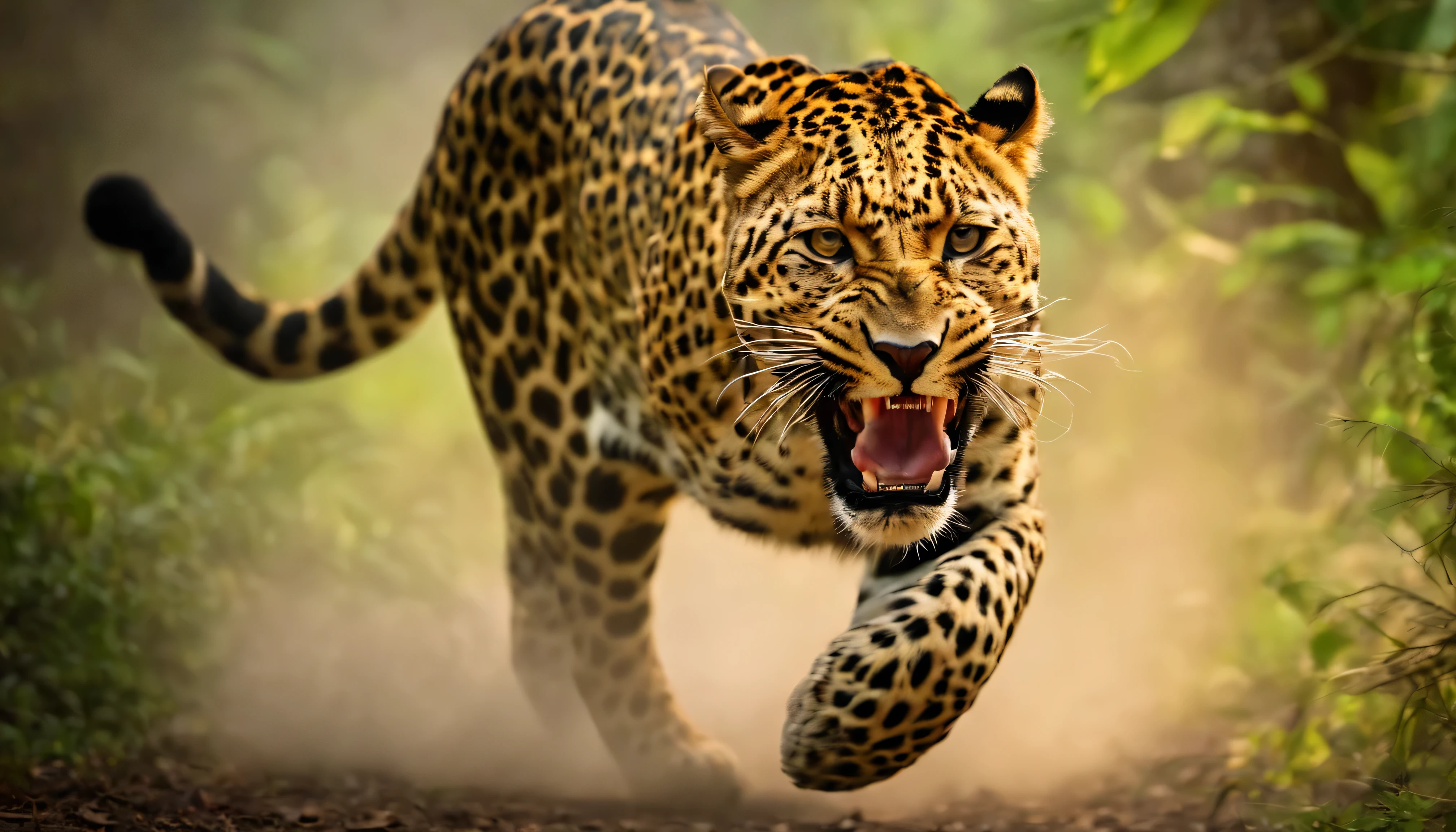 A Magnificent, wrathful, angry and Shouting leopard moving towards in jungle