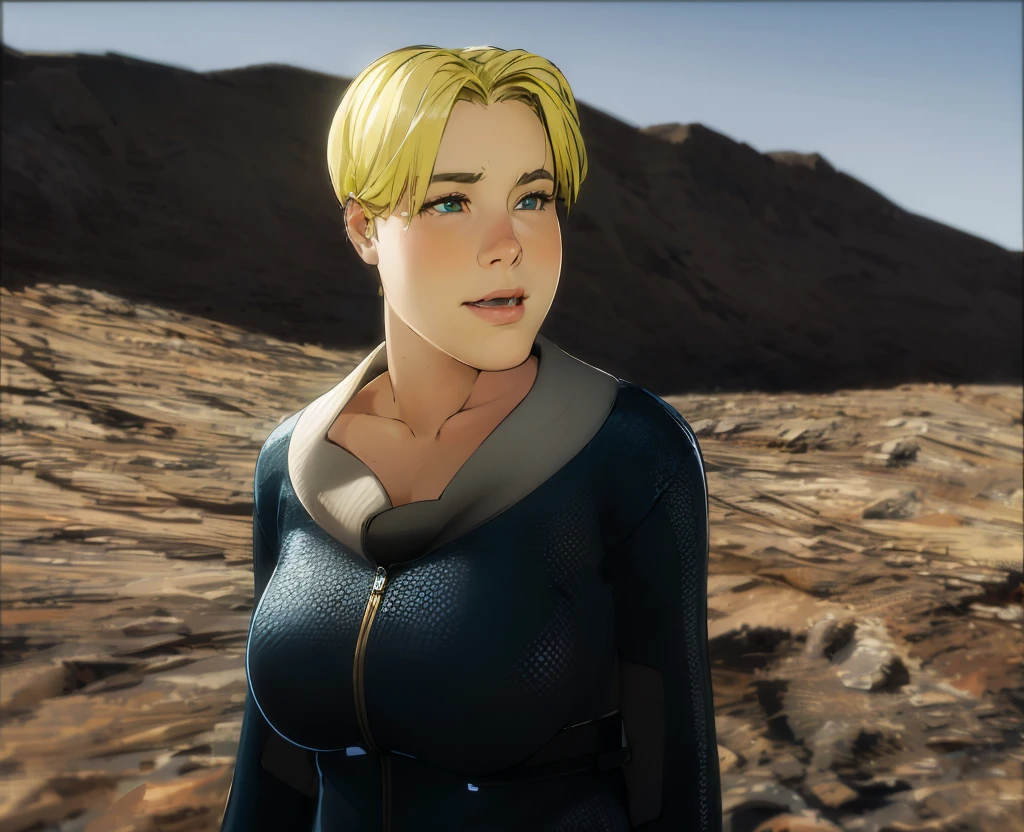 highly detailed and ultra-realistic portrait of a chubby young woman standing in a rugged, desert-like landscape. She has short, golden blonde hair. Her eyes are a vibrant green, expressive and piercing, with finely detailed eyelashes and eyebrows. She has a fair chubby complexion with subtle, natural skin texture and a slight blush on her cheeks. She is wearing a form-fitting, futuristic dark blue jumpsuit with a high collar and a front zipper, made of a textured, high-tech fabric that reflects the light subtly. 