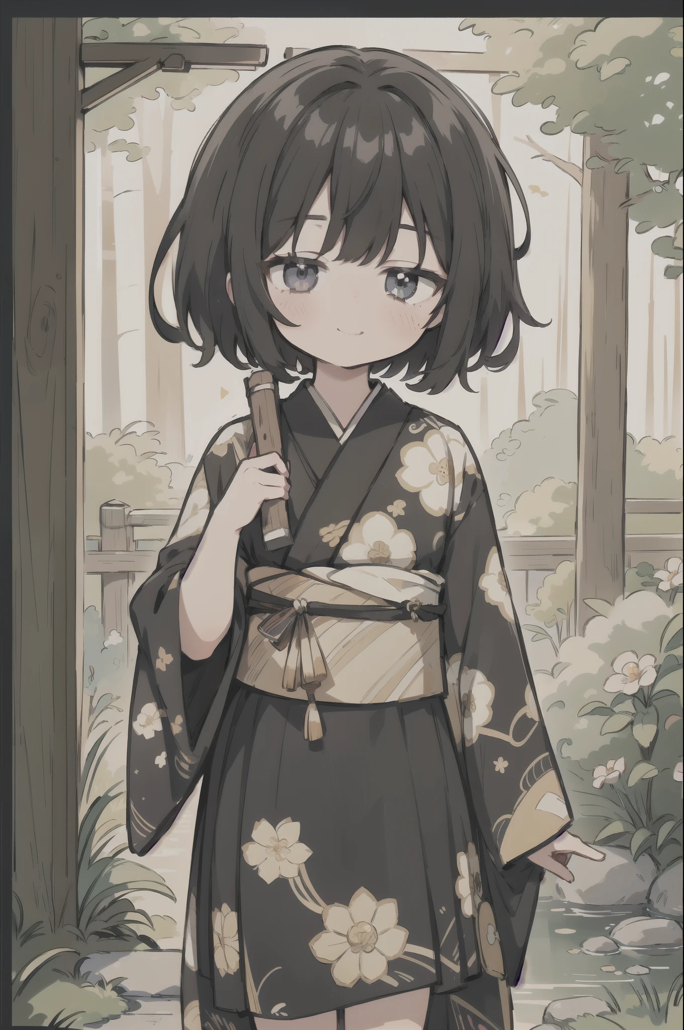 anime,throw,8k,CG,((masterpiece, highest quality, High resolution)),(((highest quality))),((Very detailed)),Beautiful details,In detail,CG, Japanese theme,Outdoor,garden,wood, (1 pretty girl) smile,black eye,Black Hair, Beautiful Eyes, Beautiful Hair, black,short hair,kimono