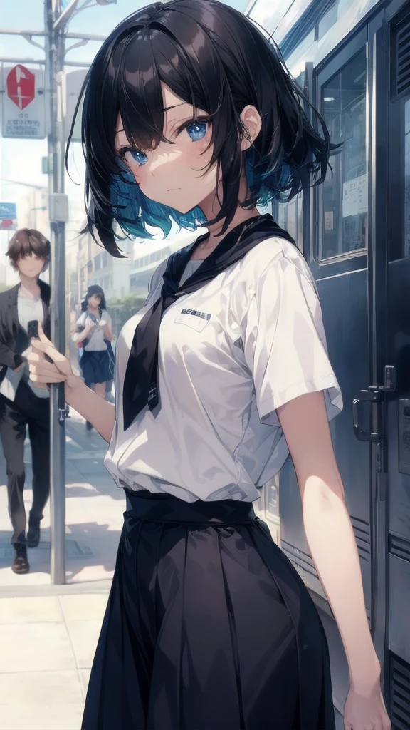ultra-Top-quality by art God, ultra-detailed, high resolution, guweiz style, anime moe artstyle, best anime 8k konachan wallpaper, pixiv contest winner, perfect anatomy, break,(Please draw a girl walking sleepily to school alone. ),break, a hyperrealistic , (Solo,,,13-year-old:1.3),Full limbs, complete fingers,a junior high school student, androgynous charm, (Very Short hair), messy hair, flat chest, Small butt, groin, Small eyes,beautiful detailed black eyes, well-proportioned iris and pupils, disgusted eyes, highres detailed hair, , skirt, in the School commute route. break,super detailed skin, Best lighting powered by famous artist, 8k, illustration.