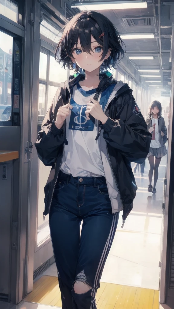 ultra-Top-quality by art God, ultra-detailed, high resolution, guweiz style, anime moe artstyle, best anime 8k konachan wallpaper, pixiv contest winner, perfect anatomy, break,(Please draw a girl walking sleepily to school alone. ),break, a hyperrealistic , (Solo,,,13-year-old:1.3),Full limbs, complete fingers,a junior high school student, androgynous charm, (Very Short hair), messy hair, flat chest, Small butt, groin, Small eyes,beautiful detailed black eyes, well-proportioned iris and pupils, disgusted eyes, highres detailed hair, , skirt, in the School commute route. break,super detailed skin, Best lighting powered by famous artist, 8k, illustration.