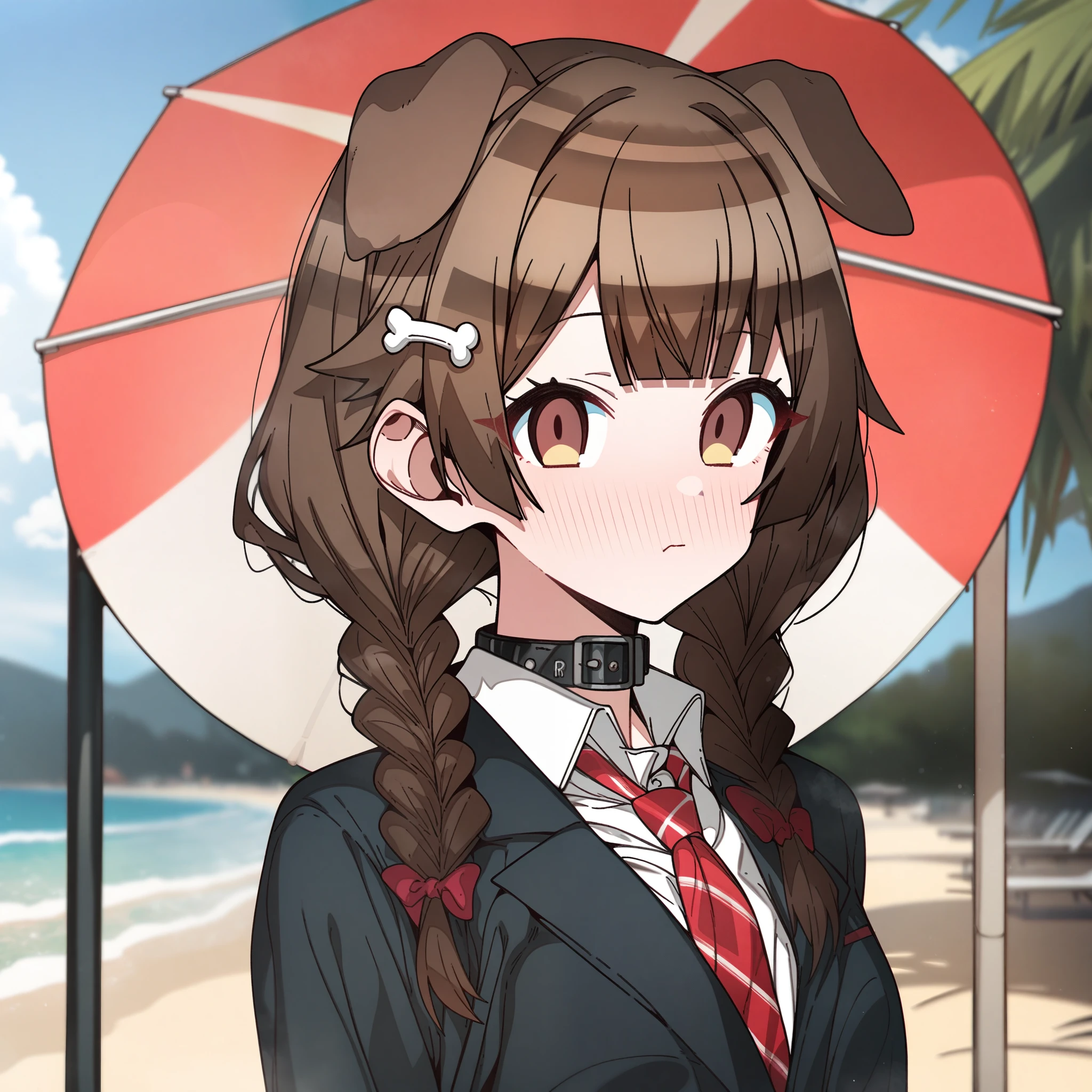 hoshino_(blue_archive) with brown hair and brown eyes, Artist, erere, Copyrights, idolmaster, idolmaster_shiny_colors, Character, General, 1girl, brown_hair, blunt_bangs, blush, medium_breasts, breasts, detailed eyelashes, beatiful girl:1, brown_eyes, censored, school_uniform, pleated skirt, blazer, red tie, dog_tail, animal_collar, twin_braids, dog_ears, bone_hair_ornament, :|, (full_body), standing in middle, beach_umbrella), sky:0.7, detailed, sand, outdoors, from_side, looking_at_viewer, masterpiece, best_quality, great_quality, girl, solo, center_composition, centered character, cute