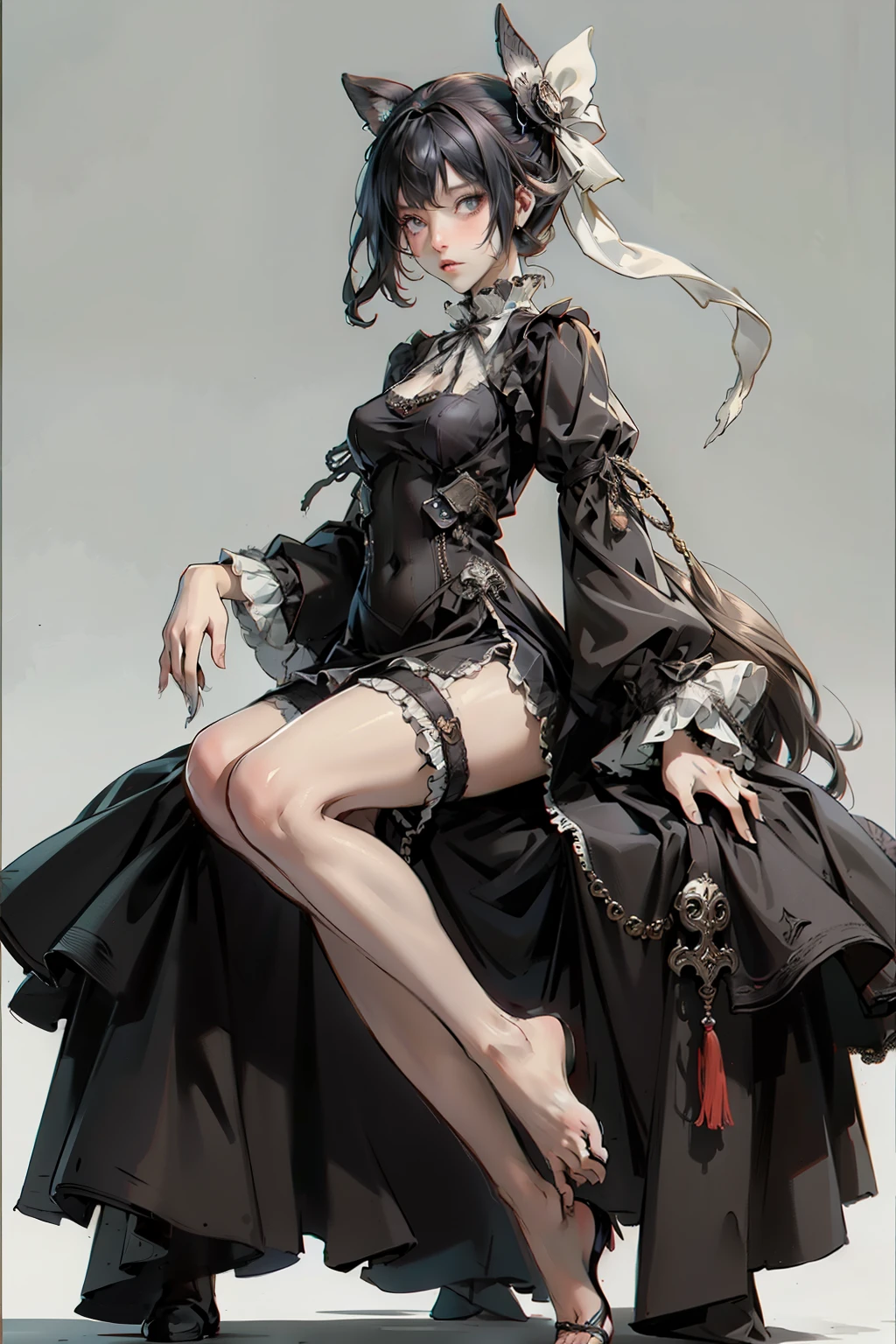 ((best quality)), ((masterpiece)), (detailed), blank white background, plain background, white background, Bloodborne inspired,  occult aesthetic, occult, detailed and intricate steampunk and detailed gothic, NSFW, Very dramatic and cinematic lighting, cosmic horror, grim-dark, side-lighting, perfect face, NSFW, Fluttering lace flared long knee length dress with frilly petticoats, knee length dress, pleated petticoats, lolita dress, petticoats gothic lolita, side-lighting, gothic lolita aesthetic, beautiful small breasts, small breasts, full body, whole body, body, plain background, white background, blank background, no background, white background NSFW, full body, whole body, head-to-toe