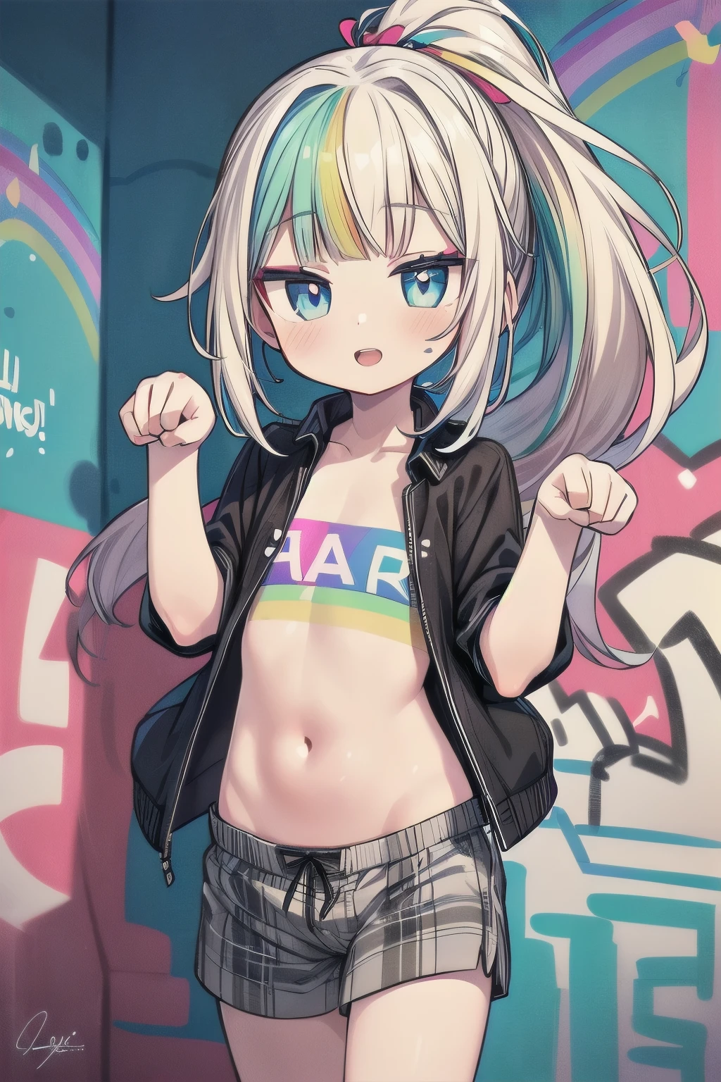 ((Masterpiece)), ((best quality)), (Anime:1.4), (super detail:1.2), (High Definition:1.3), (Professional Photography:1.3), (wide shot), (sharp focus), (perfect light), ((12 years old)), cute young Girl, (cute flannel shirt), boxer shorts, unruly hair, (loose blunt bangs), pale rainbow-colored hair, ((high ponytail)), big eyes, (long eyelashes), colorful eyes, (cute smile), open mouth, ((glossy lips)), Healthy stomach, (Healthy slim body), joy, cute, (paw pose), (colorful:1.3), cute makeup, ((against the rainbow-colored graffiti wall)), (rainbow colored),