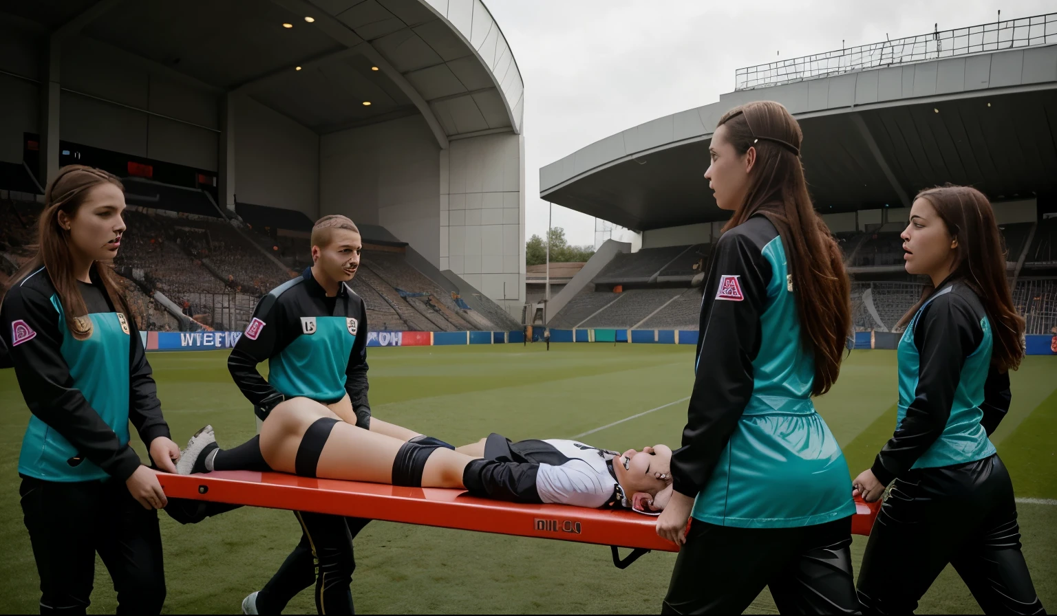 a soccer scene in a german sports stadium, injury scene in a sports stadium, stretcher carry, an injured soccer player is lying head first on his back on a stretcher and is covering his head with the hand, there are four young schoolgirls in shiny leather-trousers carrying a stretcher, there are four longhaired schoolgirls in high-shine latex-leggings who are carrying a stretcher in a german sports stadium, there is a wounded male soccer player in a short sports outfit lying head first on the stretcher, an injured male soccer player is lying head first on his back on a stretcher and is covering his agonised face with a hand, a soccer player is rearing up in intense pain while lying head first on his back on a stretcher and covering his head with a hand, dramatic scene, theatralic posing scene, dramatic pity scene, injury soccer, first aid, help, pity, there are four very angry looking schoolgirls in shiny latex-trousers who are looking very sad and very terrified and very shocked, the injured soccer player is screaming out in pain while he is carried from the pitch on a stretcher
