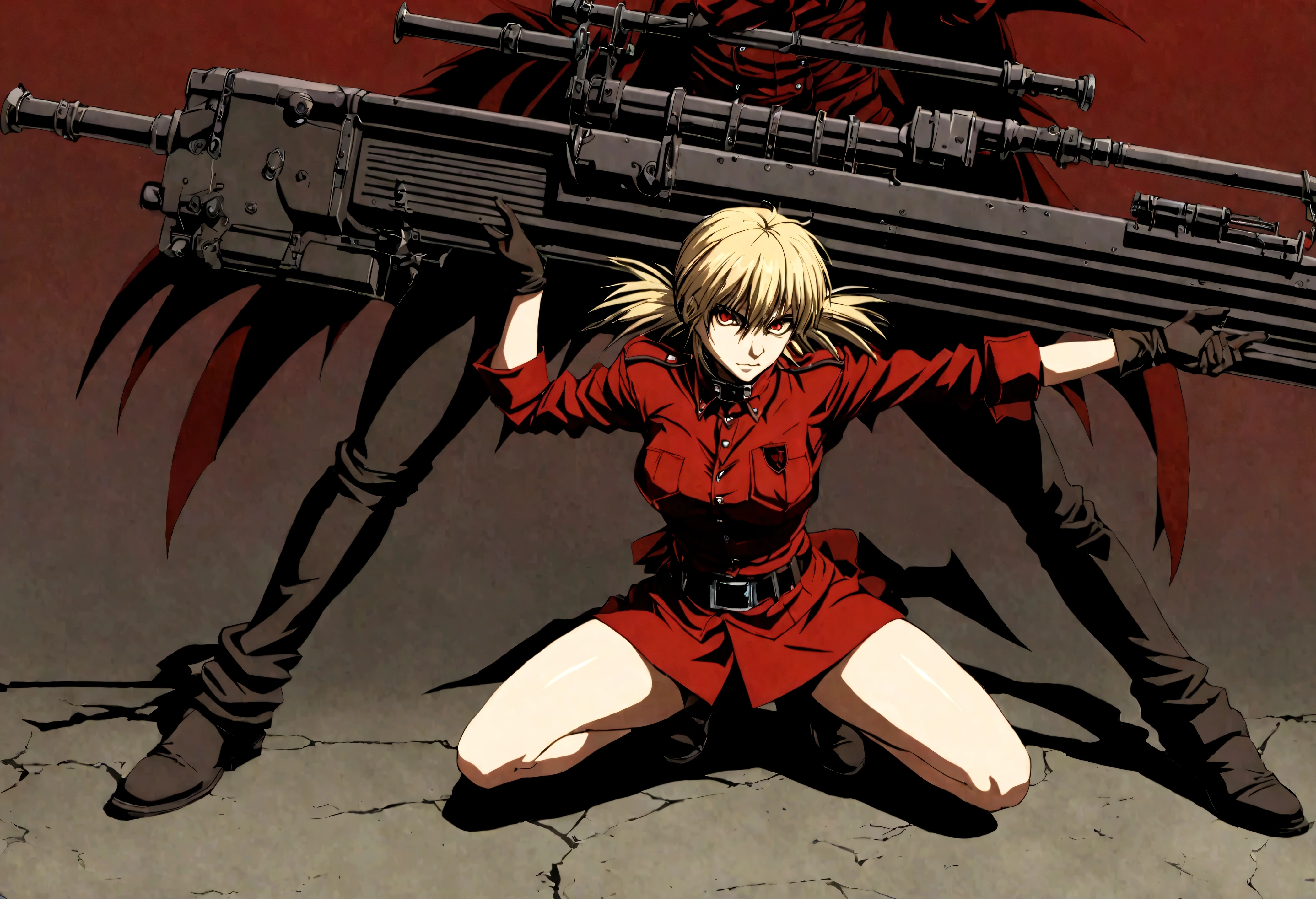 (masterpiece, top quality, best quality, official art, beautiful and aesthetic:1.2), (1girl), extreme detailed,(Victoria Seras, blond short hair, short back twintails, red eyes, Hellsing anime, Vampire, Hellsing uniform, military uniform, skirt, wide Rolled up sleeves, Chevron, black belt),colorful,highest detailed,((full body)), crouching, weapon pose, have big rifle