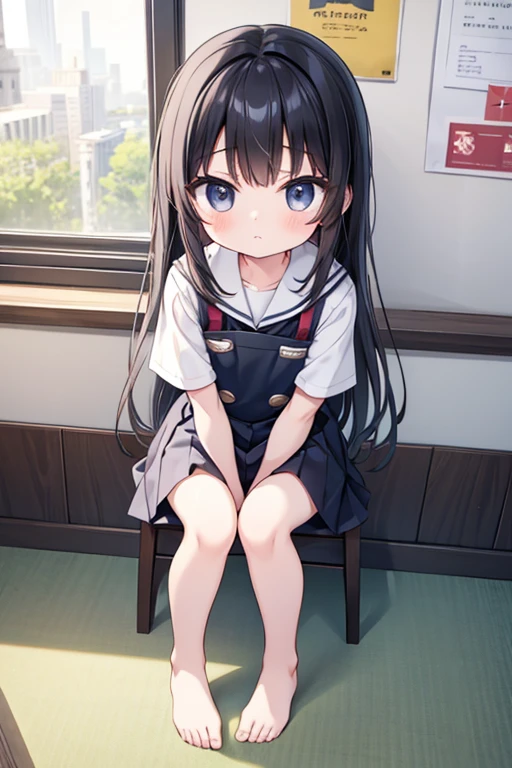 one person、Long Hair、Black Hair、With bangs、6 year old girl、small、Primary school students、Baby Face、Innocent face、Big eyes、barefoot、black eye、cute、Spread your legs、凄くsmall胸、身長のsmall、Are standing 、School、Schoolの制服、White Uniform、Short sleeve、Bare Skin