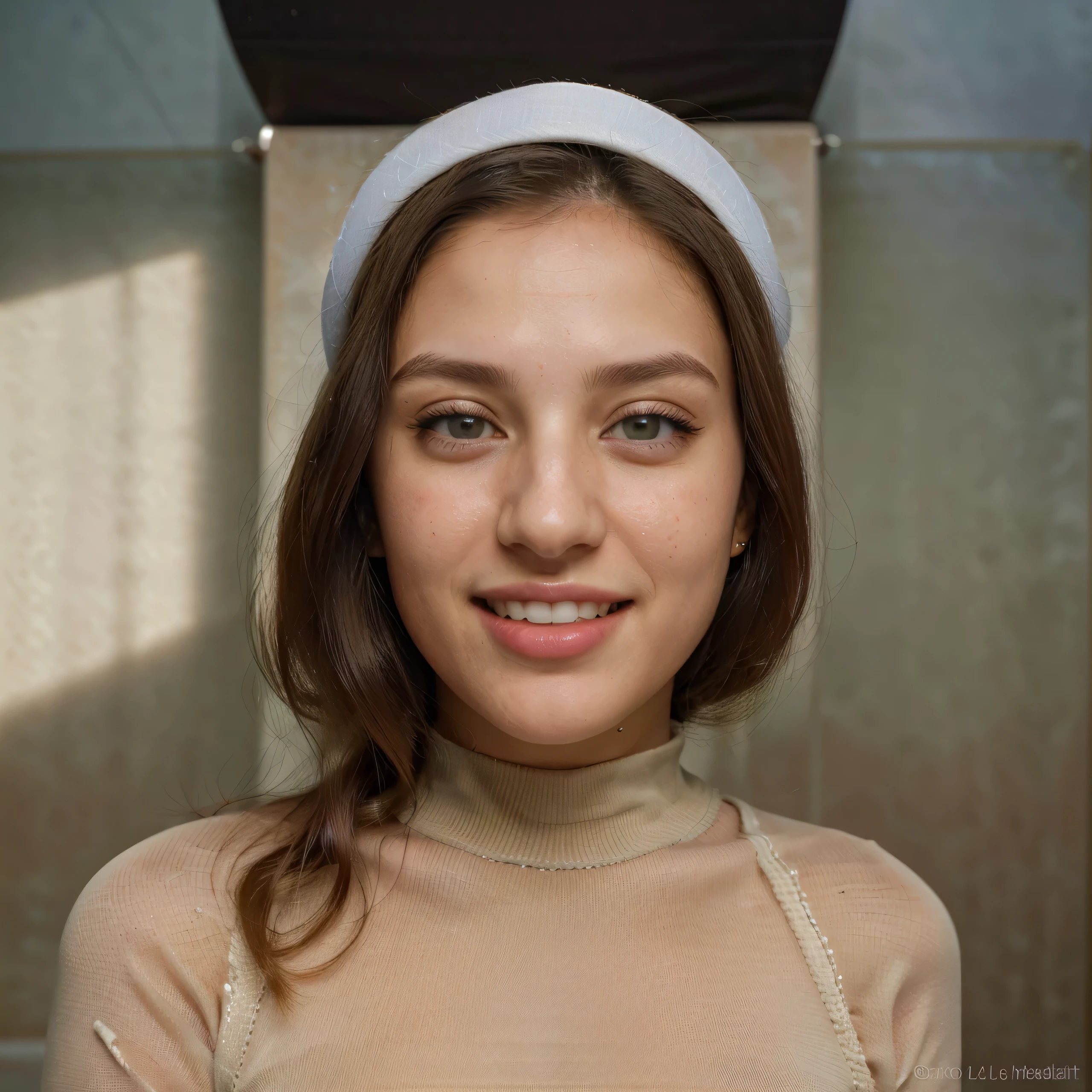 (8k, highest quality, ultra detailed:1.37, mid-range image),1girl, white teethes, 18yo, modest clothes, dentist clinic, setting on the dentist chair, light green eyes, small head, acne,bad skin,small nose, acne skin, real, thick hair, super realistic detailed eyes, super realistic detailed teethes, a stylish Palestinian women, modest, wearing a long plain black t-shirt, attractive smile, white teeth, showcases her unique fashion sense in a trendy setting. The high-resolution image captures ultra-detailed realism, highlighting confident pose, captivating eyes, big eyes, and flawless complexion.