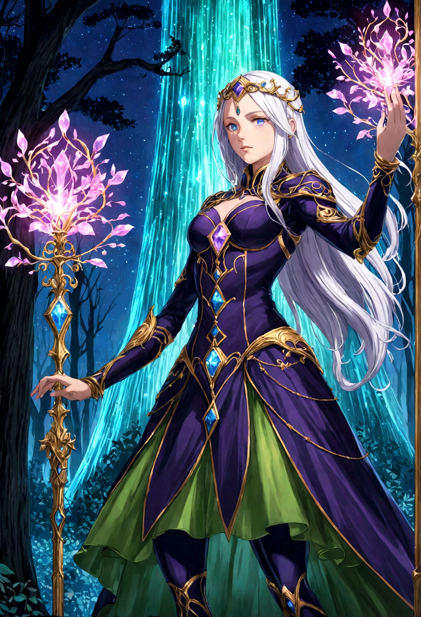 O personagem deve ter cabelos longos e prateados, olhos violetas brilhantes e estar vestindo uma armadura elegante com detalhes dourados e azuis. A pose do personagem deve ser poderosa e heroica, como se estivesse protegendo algo precioso. The background setting should be an epic fantasy environment: a magical forest with giant trees illuminated by bioluminescence, cachoeiras cristalinas, and a twilight sky with colorful auroras