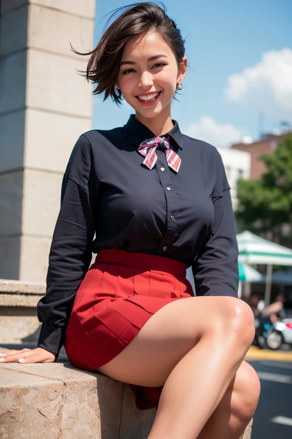 (8k, RAW Photos, highest quality, masterpiece:1.2), (Realistic, photo-Realistic:1.37), Super detailed, 1 girl,cute, alone,Beautifully detailed skies,Detailed cafe,night,Sitting,Date,(Red nose),(smile:1.1),(Mouth closed),Big Breasts, seductive smile, Wide opening, Professional Lighting, Sony A7R4, Zesse 50mm F1.8, Medium chest,Beautiful fine details,(Collared shirt:1.1), bow tie,Pleated skirt,(short hair:1.2),Floating Hair