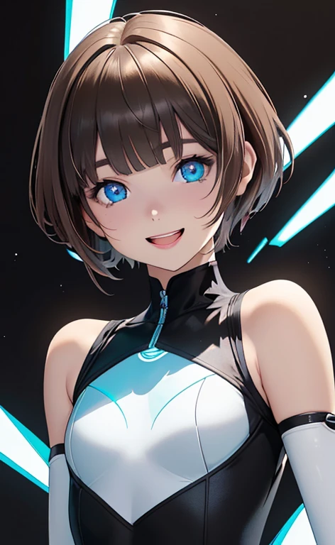 (Photorealistic:1.4)、(,20-year-old:1.5),(masterpiece、Blue lens flare:1.5、spot light:1.2、Exquisite beautiful eye:1.5,portlate),(kind eyes、tareme:1.9),(Black light:1.5)、Cute Face、 3D Face、(light brown hair:1.5)、(pixie cut:1.5),(sidelock :1.5),(blunt bangs:1.3),(1 woman)、(aqua eyes:1.2)、(upper body:1.5)、(Open mouth happy smile:1.5)、(head tilt) ,(Cute face:1.2),(flat chest),(),kind face,(white Bodysuit with (star shape cut out1.5)),(black background:1.5)、()、()、 Neat and clean、Adorable、Demure,Slim Body(),Shiny Hair、()、Nijisketch,Manga,blacklight