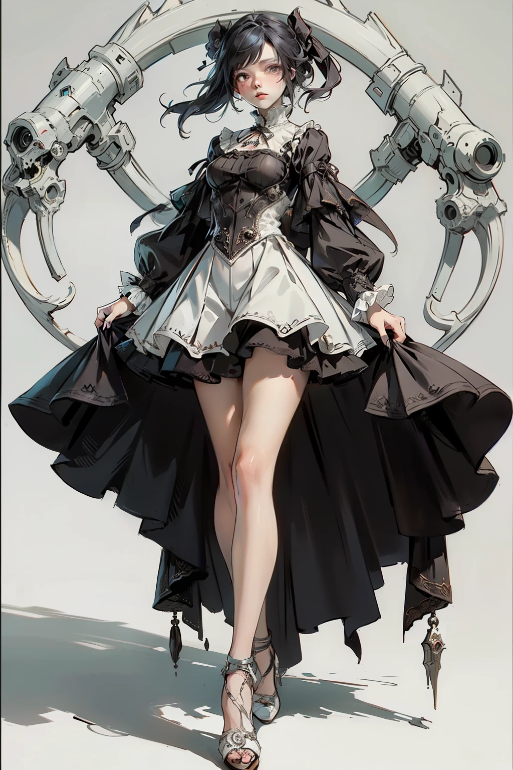 ((best quality)), ((masterpiece)), (detailed), blank white background, plain background, white background, Bloodborne inspired, occult aesthetic, occult, detailed and intricate steampunk and detailed gothic, NSFW, Very dramatic and cinematic lighting, cosmic horror, grim-dark, side-lighting, perfect face, NSFW, Fluttering lace flared long knee length dress with frilly petticoats, knee length dress, pleated petticoats, ta dress, petticoats gothic loliside-lighting, gothic lolita aetic, beautiful small breasts, small breasts, full body, whole body, body, plain background, white background, blank background, no background, white background NSFW, full body, whole body, head-to-toe