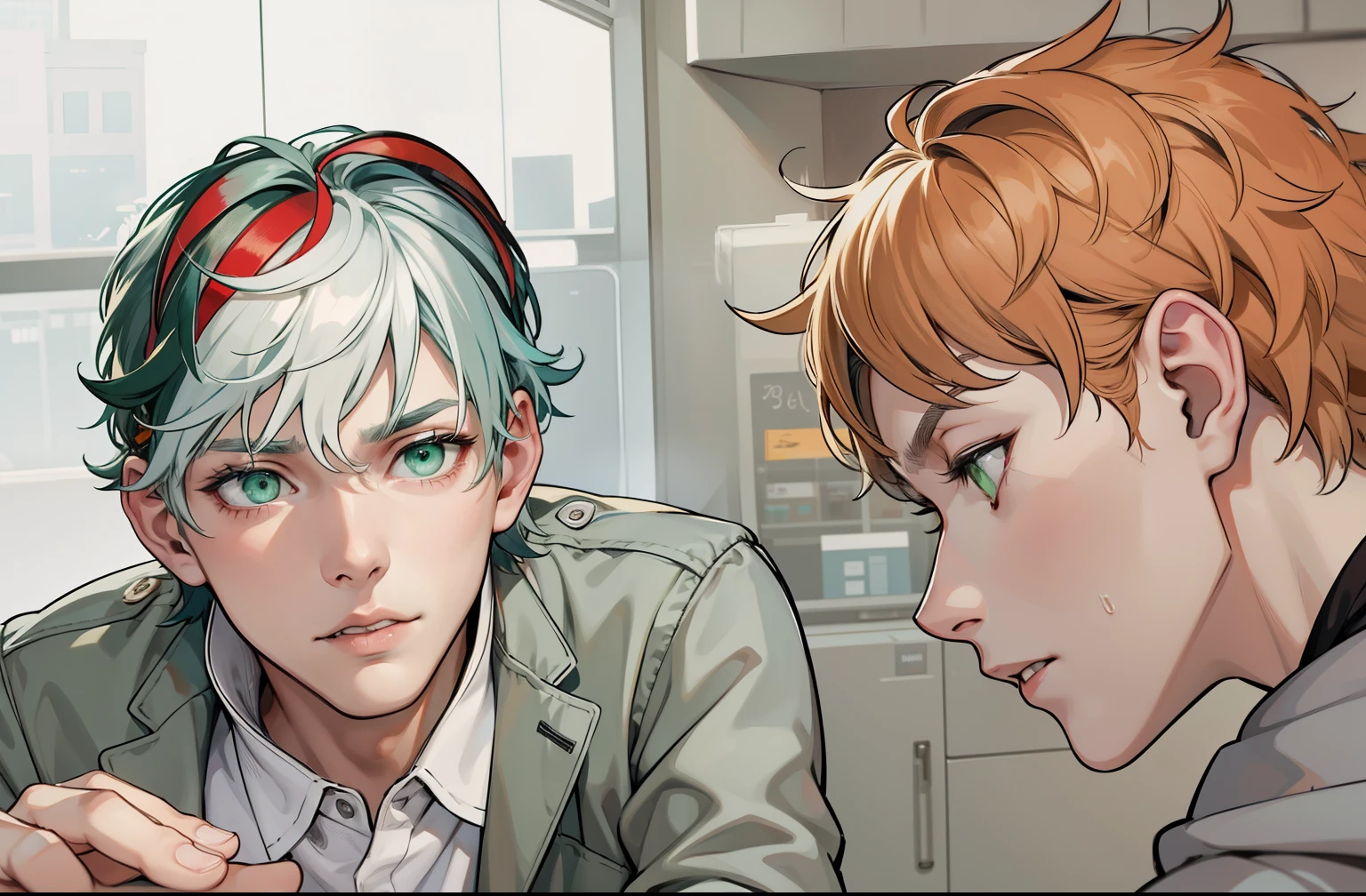 He is looking at his friend sadly with concern, he speaks to him with sadness, green eyes, white hair, 17 years old.