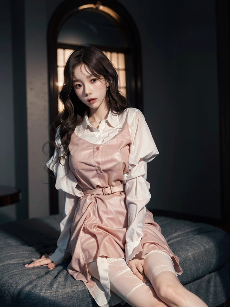 absurdres, RAW photo, extremely delicate and beautiful, masterpiece, Best Quality, ultra high resolution, 32k, hyperrealistic, ultra-detailed, perfect anatomy, perfect figure, Perfect skin, super Detailed skin, muted coral blush, Closed mouth, 20 years old, very Slim body, narrow waist, very small head, very small face, delicate facial features, tearful mole, earring, thin legs, bare legs, (((very huge round breasts))), short medium hair, brown braid hair, ((wavy hair)), wet clothes, skirt, ((collared dress shirt)),