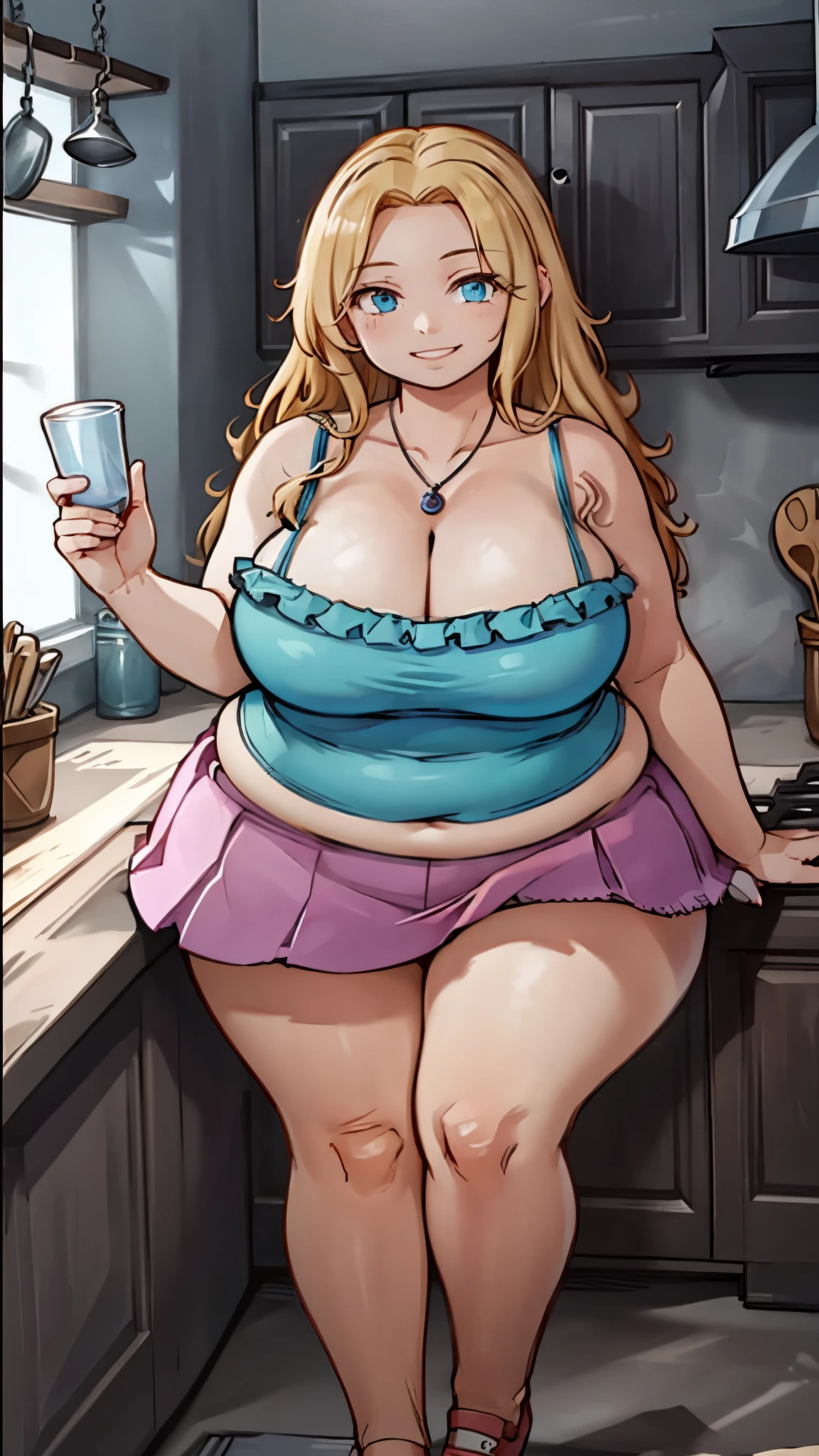 (masterpiece, best quality, ultra detailed, beautiful illustration), atmospheric perspective, looking at viewer, beautiful detailed eyes, 1girl, (huge breasts), wide hips, curvy, haley, blonde, long hair, blue eyes, (warm smile:1.6), blue top with frilly details, sleeveless top, cleavage, necklace, pink skirt, thigh-length skirt:1.4, inside house, kitchen, holding a jar, chubby