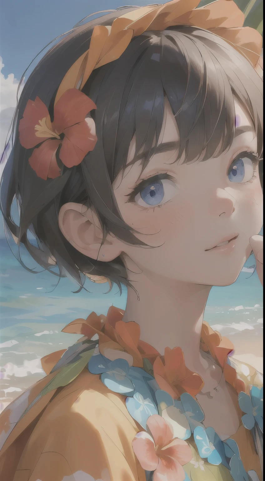 ((best quality)), ((masterpiece)), (detailed face and eyes:1.2), perfect face, short hair, Wearing a muumuu, Hawaii, flower necklace, Hawaiian dress, Hawaiian lei around neck, flower on head