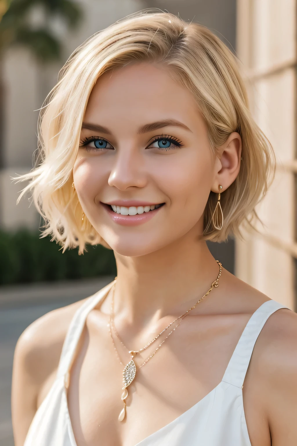 20A beautiful young woman、 White woman、Blonde Hair、Wavy Hair、Short Haircut、blue eyes、Ear piercing、Necklace around the neck、blouse、smile, Beautiful teeth alignment、Intricate details, Very detailed:1.2), 、 Looking at the camera,The background is the town