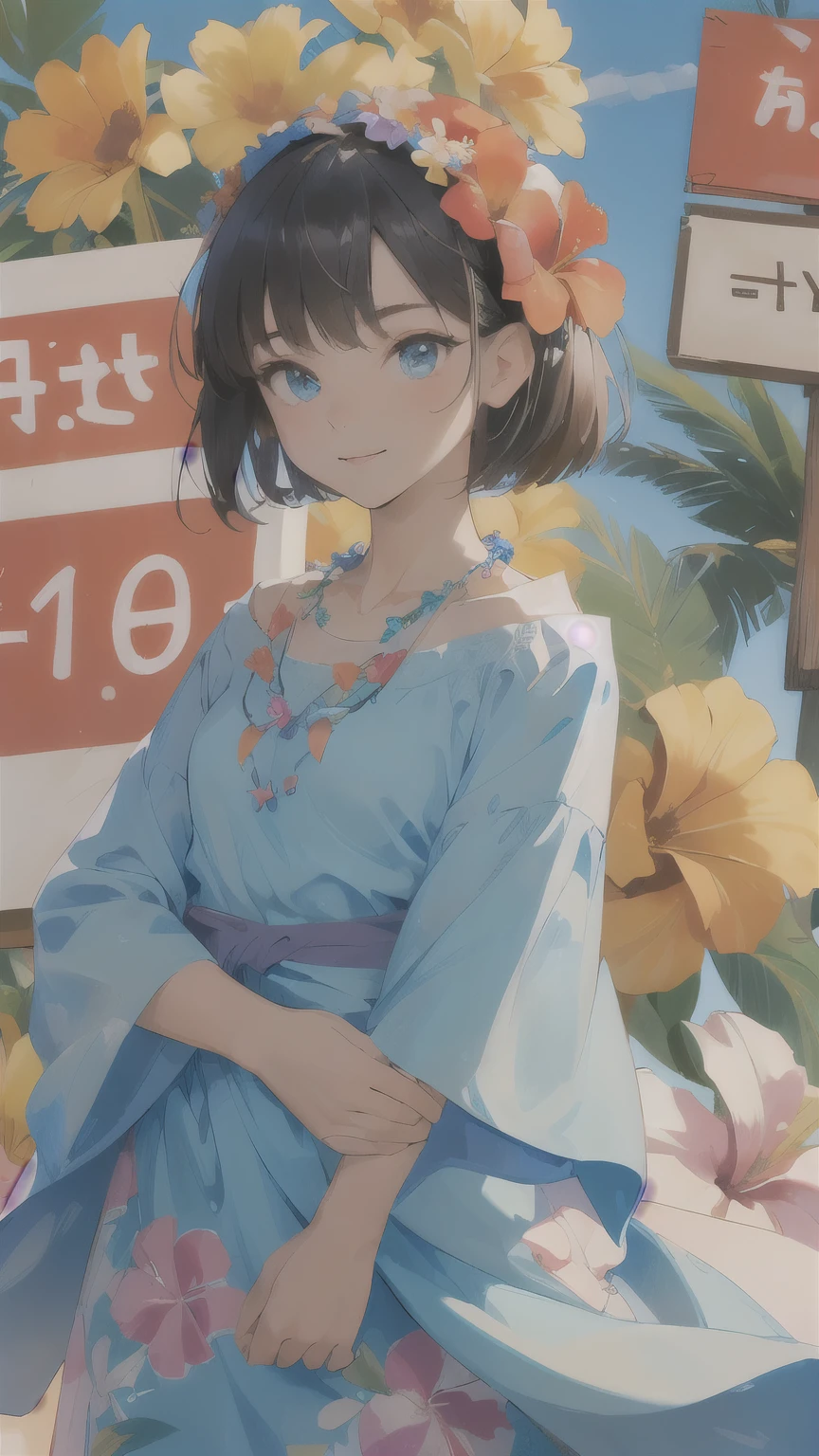 ((best quality)), ((masterpiece)), (detailed face and eyes:1.2), perfect face, short hair, Wearing a muumuu, Hawaii, flower necklace, Hawaiian dress, Hawaiian lei around neck, flower on head, cowboy shot