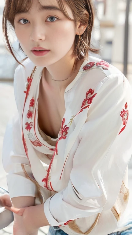 (masterpiece:1.3), (8k, Photorealistic, RAW Photos, Best image quality: 1.4), Japanese, (1 girl), Beautiful Face, (A vivid face), (short hair:1.3), Beautiful Hairstyles, Realistic eyes, Beautiful Eyes, (Realistic Skin), Beautiful Skin, charm, 超A high resolution, Surreal, High detail, Golden Ratio, Detail Makeup,Seeing the viewer,Big Breasts、Sexy blouse、Business Pants、office、Trim pubic hair、((whole body))、(Looking this way、Turning his body towards me、front、forward leaning posture、munechira:1.3)、(The bra is slightly visible、Brasilia:1.3)、(White shirtを着ている、Round neck shirt、A shirt with a slightly open chest、White shirt:1.8),(Beige underwear、Red floral embroidered underwear)