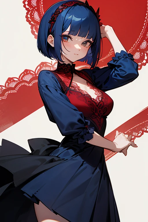 Red and navy lace dress、cute、Villainess、head band、sexy、Short Bob、