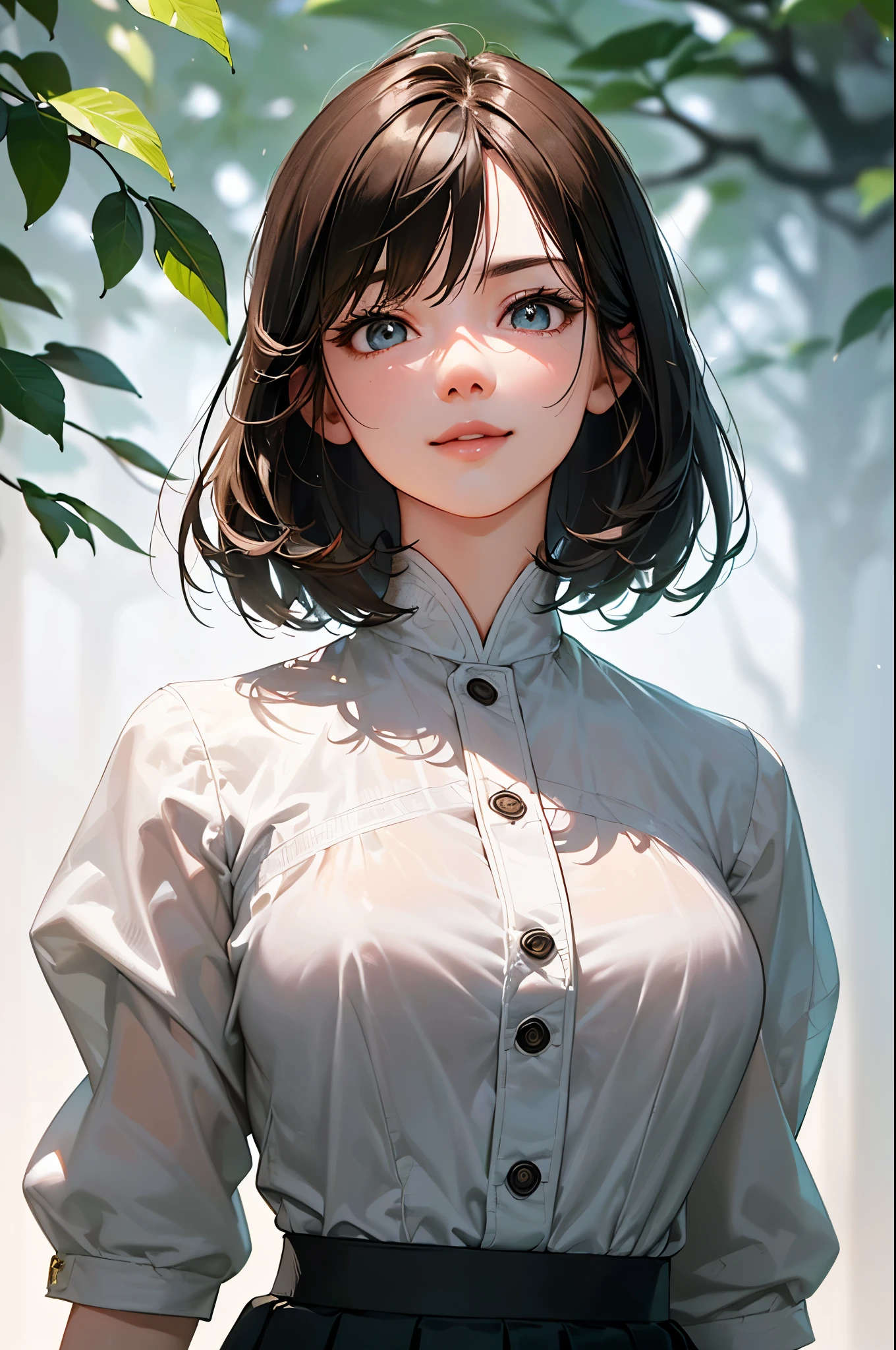((Biologically correct limb count))、(( Illustrations including faces))、4K、Masterpiece、((Focus on the face))、((Symmetrical, well-proportioned facial features))、Eyes with delicate depictions、Beautiful woman、Outstanding style、Slender Body、(uniform、shirt、High heels、((skirt)))、(Looking up、smile)、((Upper body close-up))、((Realistic photo))、profile、The background is a park full of greenery in the morning、(((Thick Fog、The fog makes it hard to see)))