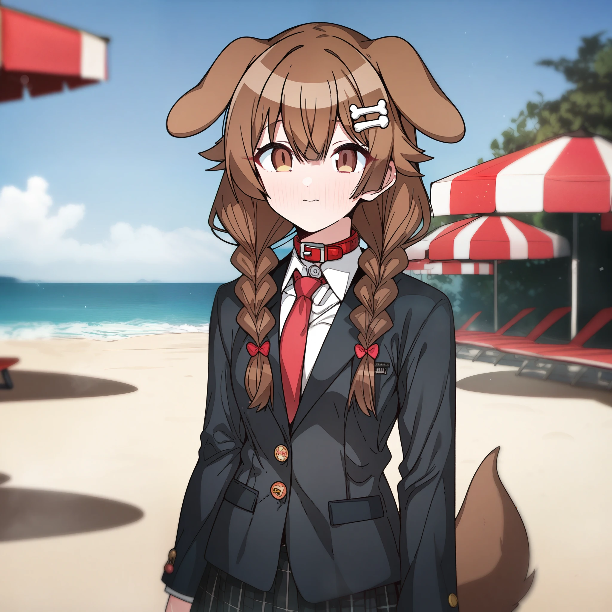 hoshino_(blue_archive) with brown hair and brown eyes, Artist, erere, Copyrights, idolmaster, idolmaster_shiny_colors, Character, General, 1girl, brown_hair, blunt_bangs, blush, medium_breasts, breasts, detailed eyelashes, beatiful girl:1, brown_eyes, censored, school_uniform, pleated skirt, blazer, red tie, dog_tail, animal_collar, twin_braids, dog_ears, bone_hair_ornament, :|, (full_body), standing in middle, beach_umbrella), sky:0.7, detailed, sand, outdoors, from_side, looking_at_viewer, masterpiece, best_quality, great_quality, girl, solo, center_composition, centered character, cute
