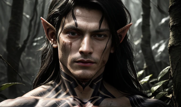 "((highly detailed, detailed eyes, detailed face, clear and realistic facial features, photorealistic, realistic light; cinematic)), (close up) mysterious male Tuatha de Danann hunter assassin, ethereal-looking, wearing fine elven clothing for the hunt, black hair, creepy, sleek, feral, intense eyes, hunting you, heavy black tattoos over body, heavily tattooed, naked, blood on body and face, vicious, bloody, brutal, scary, dangerous, masculine, elven ears, seductive, smirking, looking at camera"