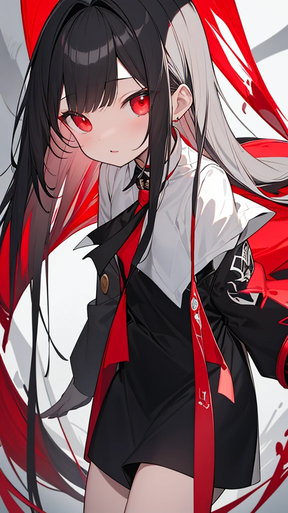 monochrome color, Red Art, grayscales、masterpiece、top-quality、Top image quality、straight haired、Hanging eyes、kawaii、A dark-haired、red eyes、Uniforms、the wind、