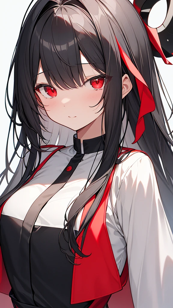 monochrome color, Red Art, grayscales、​masterpiece、top-quality、Top image quality、straight haired、Hanging eyes、kawaii、A dark-haired、red eyes、Uniforms、the wind、