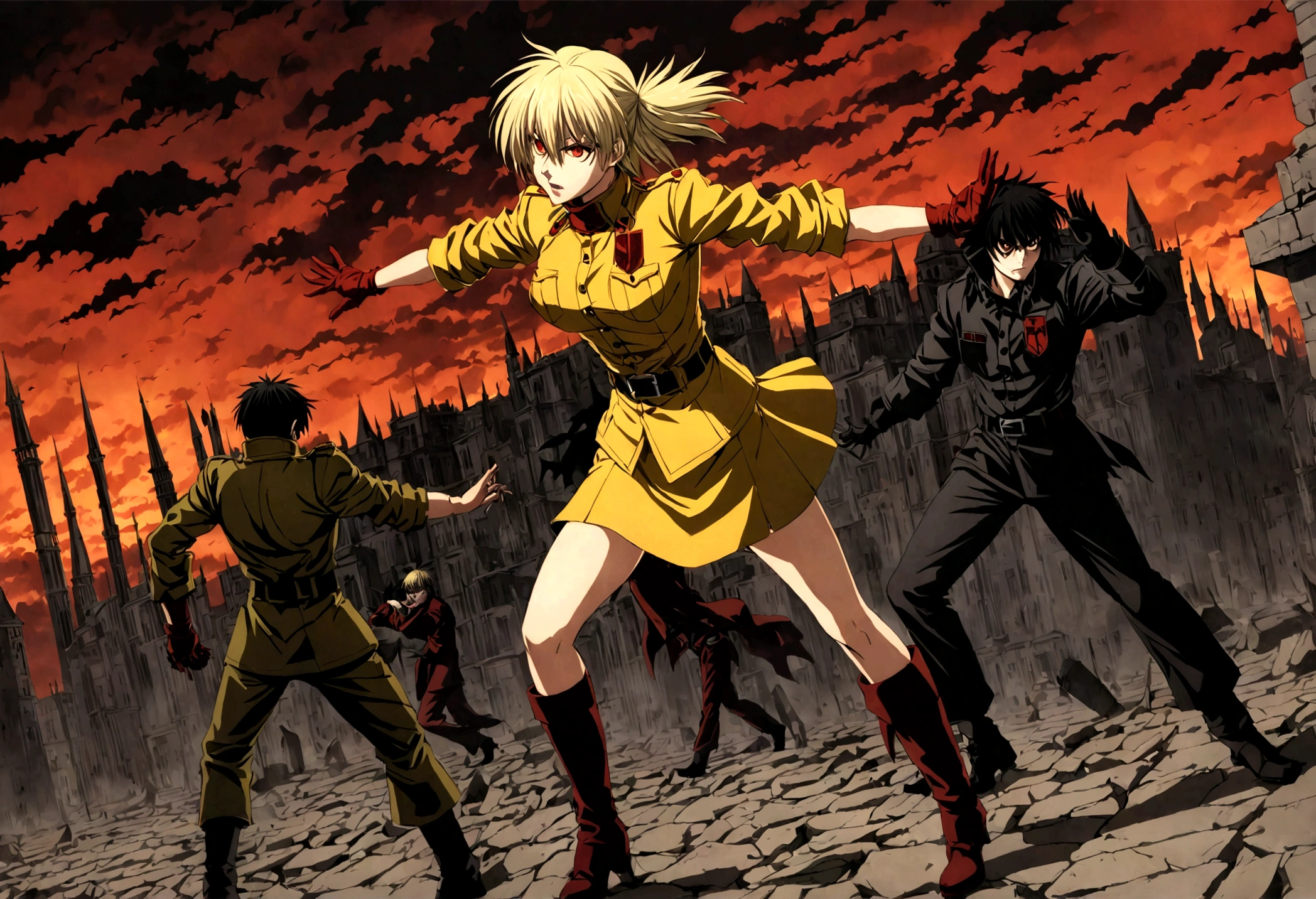 (masterpiece, top quality, best quality, official art, beautiful and aesthetic:1.2), (1girl), extreme detailed,(Victoria Seras, blond short hair, short back twintails, red eyes, Hellsing anime, Vampire, Hellsing uniform, (yellow military uniform), skirt, wide Rolled up sleeves, Chevron, black belt),colorful,highest detailed,((full body)), fighting, brawl pose, have angry and happy face expression, berserk