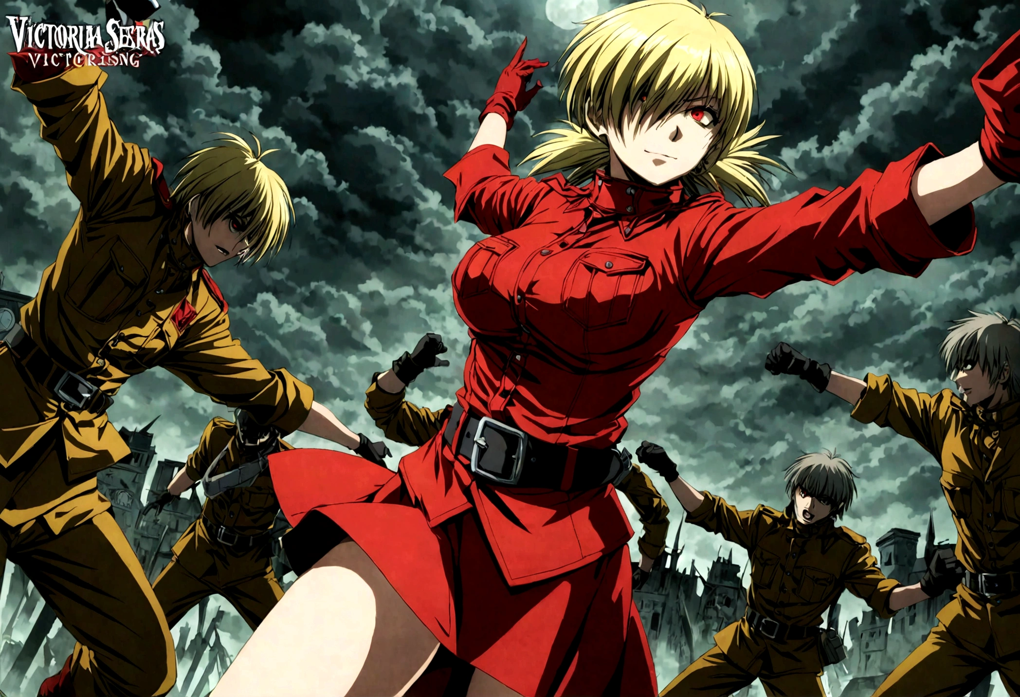 (masterpiece, top quality, best quality, official art, beautiful and aesthetic:1.2), (1girl), extreme detailed,(Victoria Seras, blond short hair, short back twintails, red eyes, Hellsing anime, Vampire, Hellsing uniform, (yellow military uniform), skirt, wide Rolled up sleeves, Chevron, black belt),colorful,highest detailed,((full body)), fighting, brawl pose, have angry and happy face expression, berserk